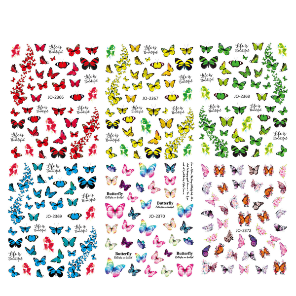 6 stk Butterfly Nail Art Stickers Nail Decals Selvklebende Fargerike