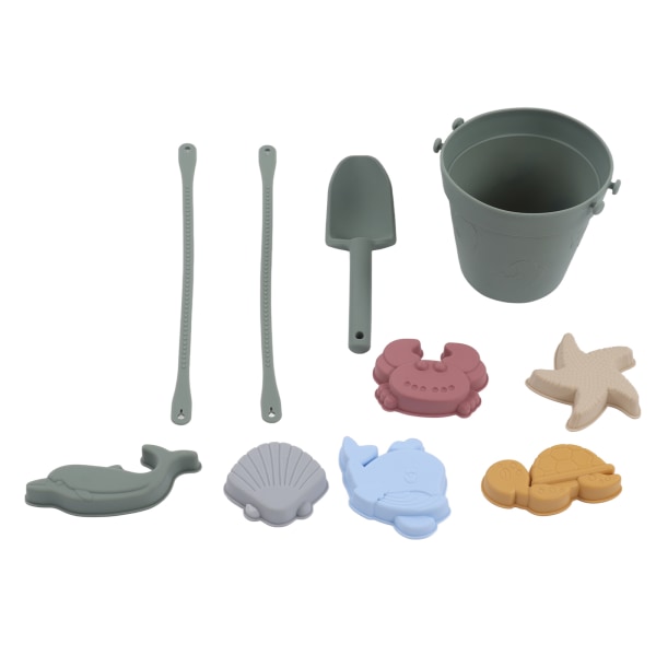 Silikon Strandleker Baby Sand Play Toys Set Inkluderer Silikonbøtte Dyremodell Sandspad Streng Olivengrønn