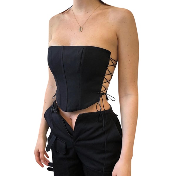 Kvinder Boob Tube Top Side Tie Ærmeløs Stropløs Polyester Fiber Slim Fit Ensfarvet Stilfuld Top Sort L