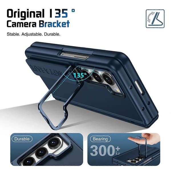 For Samsung Galaxy Z Fold5 5G Case Lens Protector Stand Hinge Protection PC Phone Case with Screen Film - Dark b