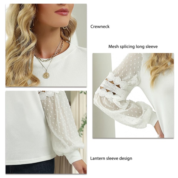 Women Long Sleeve Shirt Lantern Long Sleeve Crewneck Mesh Splicing Loose Top for Lady White XXL