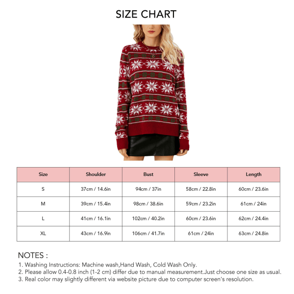 Christmas Sweater Snowflake Printed Long Sleeve Crewneck Knitwear Warm Fashion Winter Sweater for Women Red XL