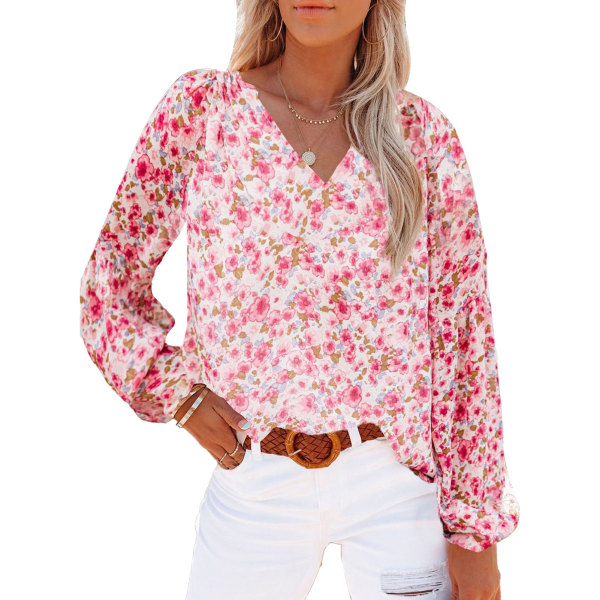 Blouse V Neck Chiffon Floral Print Long Flare Sleeve Casual Charming Tops for Women Pink 2XL