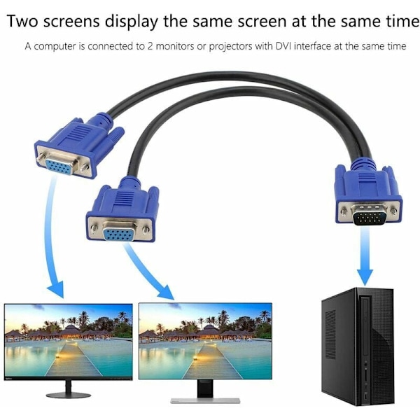 VGA Splitter-kabel, Dubbel VGA-skärmadapter för skärmduplicering, Hane till hane VGA-kabel säkerställer säker anslutning och samtidig visning för