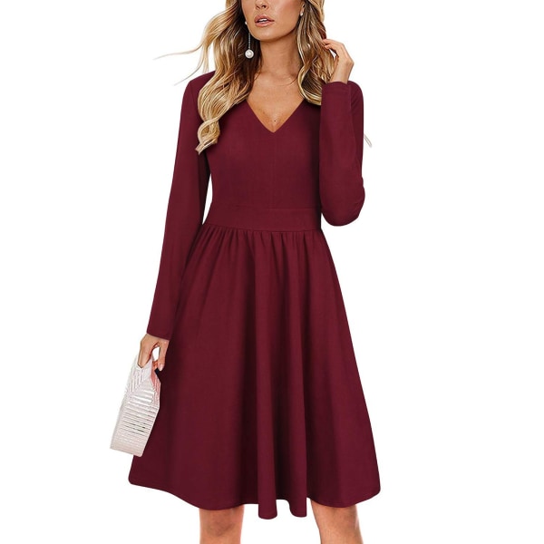 Dress High Waist V Neck Long Sleeve Drape Bodycon Pure Color Knee Length Dress for Women Wine Red XL