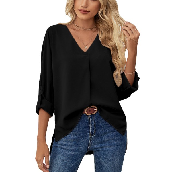 Dame Rulle op Ærme Bluse Løs Fashionabel Ren Farve V Hals Plisseret Chiffon Top Skjorte til Arbejde Sort M