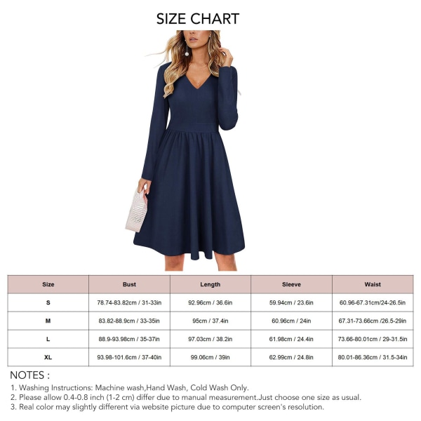 Dress High Waist V Neck Long Sleeve Drape Bodycon Pure Color Knee Length Dress for Women Dark Blue M