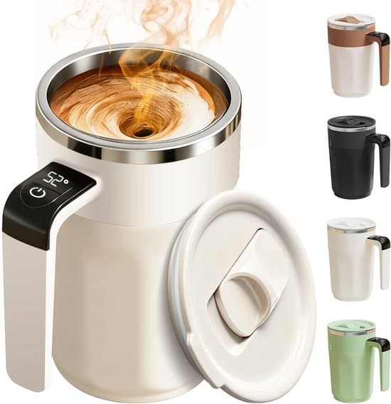 Automatic Coffee Stirrer - 400 ml, with Temperature Display - Mug - Automatic Stirrer with Lid - Stainless Steel - Suitable for Coffee and Other Beverages
