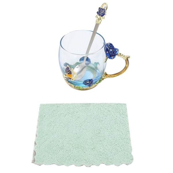 Flower Tea Cup emali Craft kahvimuki lämmönkestävä lusikkakankaalla syntymäpäiväjuhliin Blue Rose 320ml