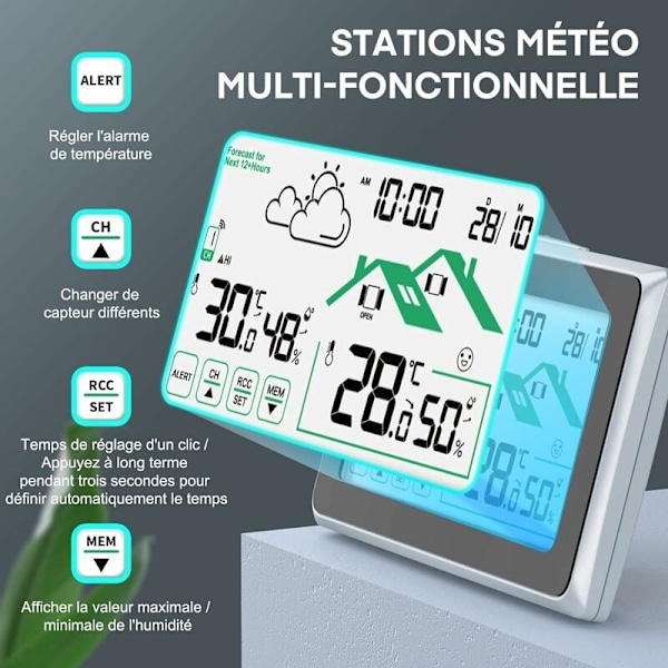 Trådlös väderstation, högprecisionssensor inomhus utomhus termometer hygrometer för väderprognoser i realtid, batteridriven pekskärm