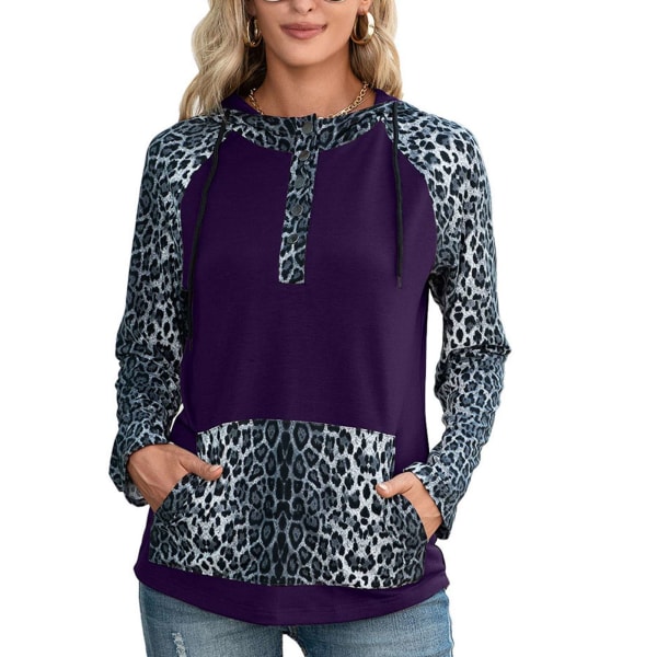 Langærmet pullover hættetrøje leopard print syning design dame hættetrøje med lomme til hjem rejse kontor lilla M