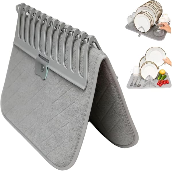 Foldable Dish Drying Mat, Absorbent Microfiber Dish Mat with Rack, Practical Tray-Style Kitchen Countertop Storage.