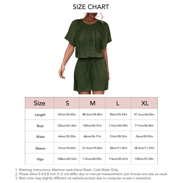 Button Top Short Jumpsuit Lace Up One Piece Pants Casual Round Neck Machine Wash for Women Vacation Beach Green XL