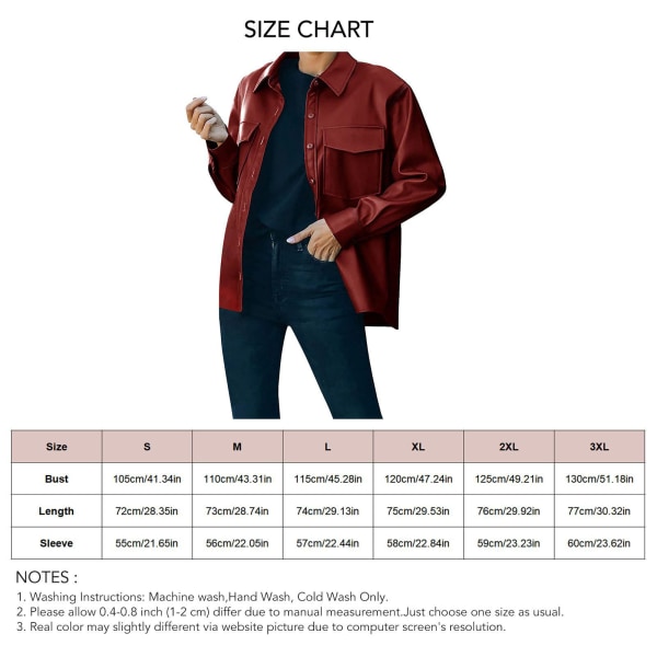 Kvinnor PU-läderjacka Casual Shirt Långärmad Button Down Blazer Coat med bystfickor Vinröd XXL