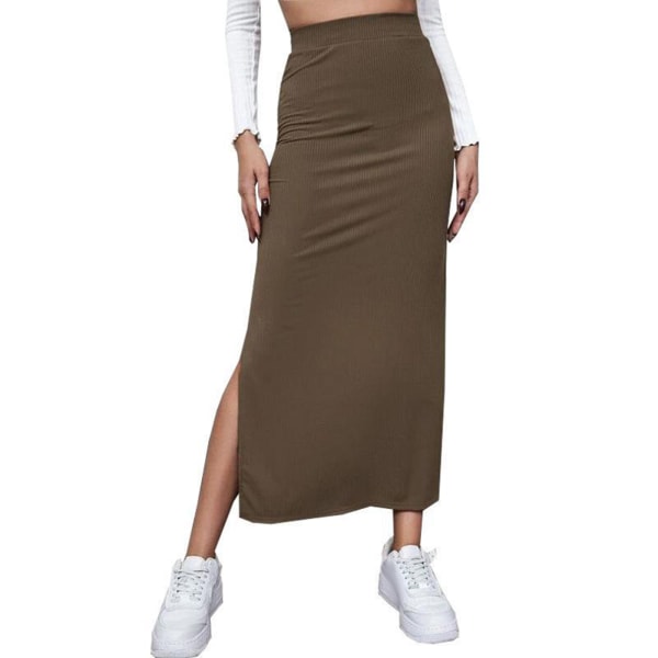 Slit Long Skirt Elestic Hög Midja Kvinnor Bodycon Solid Färg Medium Längd för Fest Semester Brunhet L