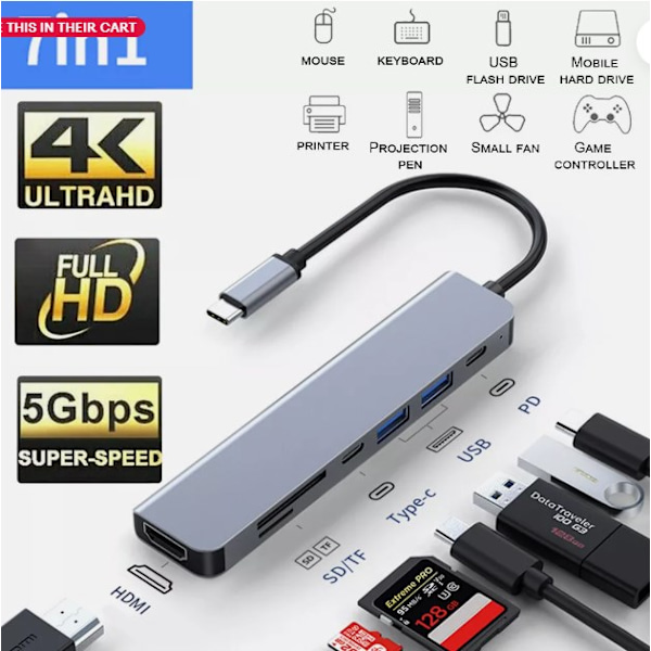 Plug-and-Play 8-i-1 Typ C-adapter, Aluminiumlegeringsskal för MacBook Pro Air iPad Pro Laptops, Har SD TF-kortläsare för Enkel Dataåtkomst