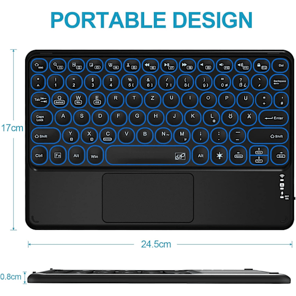 Ultra Slim Bakgrundsbelyst Portabelt Trådlöst Bluetooth Tangentbord, Multi-Enhetskompatibilitet Uppladdningsbart Pekplattetangentbord för iPad 10.2, Surface Pro,