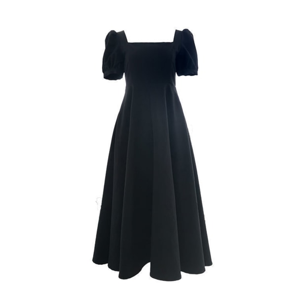 Vintage Women Party Dress A Line Long Black Skirt Short Lantern Sleeve Over The Knee Square Neck for GirlsBlack L