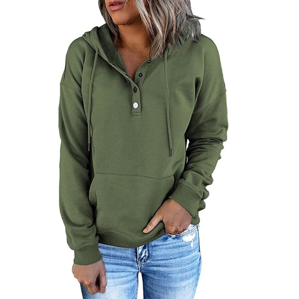 Women Drawstring Hooded Sweatshirt Button Front Long Sleeve Pure Color Loose Top With Pocket OD Green XL