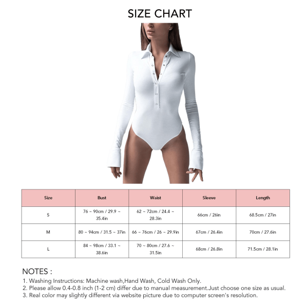 Women Bodysuit Long Sleeve Slim with Button Lapel V Neck for Vacation Travel Party M White