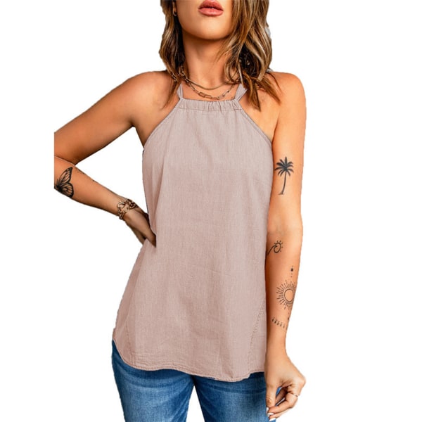 Halter Neck Bluse med Knute Bak Elastisk Hals Ren Farge Casual Ermeløs Bluse for Kvinner Rosa S