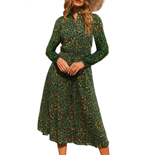 Dress Leopard Stand Collar Floral Print Long Lantern Sleeve Medium Length Dress for Lady Green XL