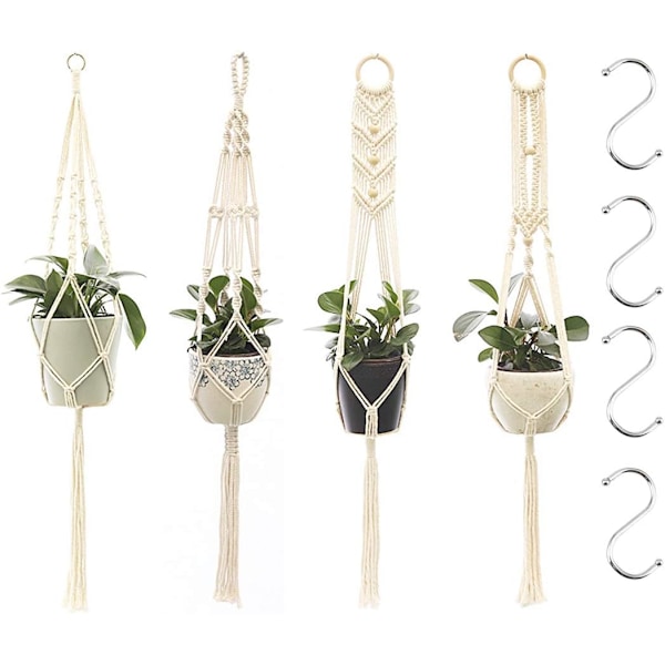 Boho Charm, Handgjorda Makramé Växthängare, 4-pack Slitstarka Växtkorgar i Bomullsrep för Inomhusbruk, Perfekt för Utrymmesbesparande Trädgårdsinredning