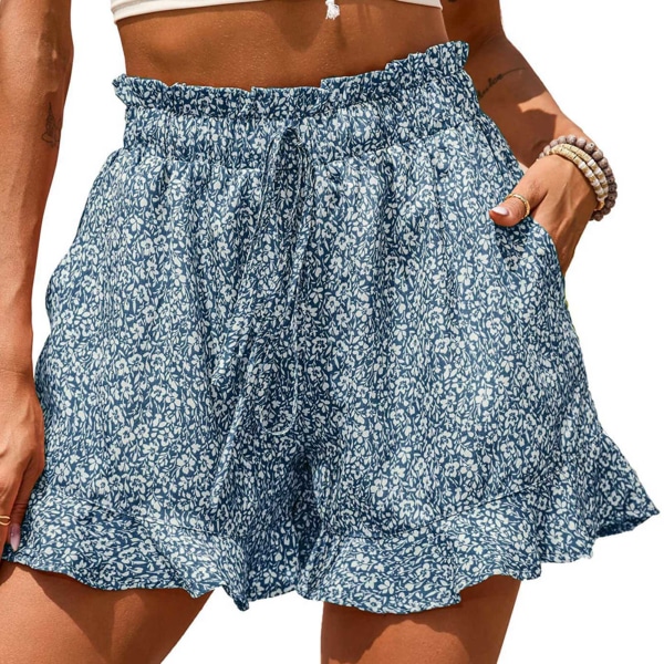 Shorts Sommer Mote Trykk Løs Casual Høy Midje Belte Lomme Shorts for Damer Blå XL