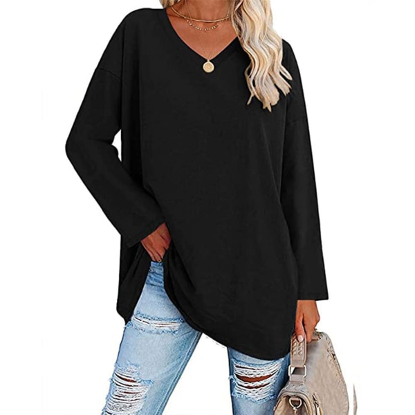 Women Blouse Long Sleeve Shirt Pure Colour Pullover V Neck Loose Hem Casual Design Black XXL