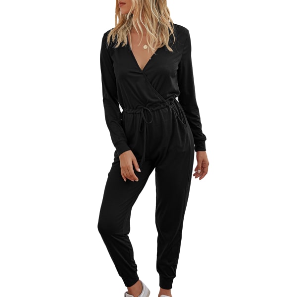 Langærmet bukse jumpsuit slim blonder opp v-hals polyester mote casual dameklær svart XXL