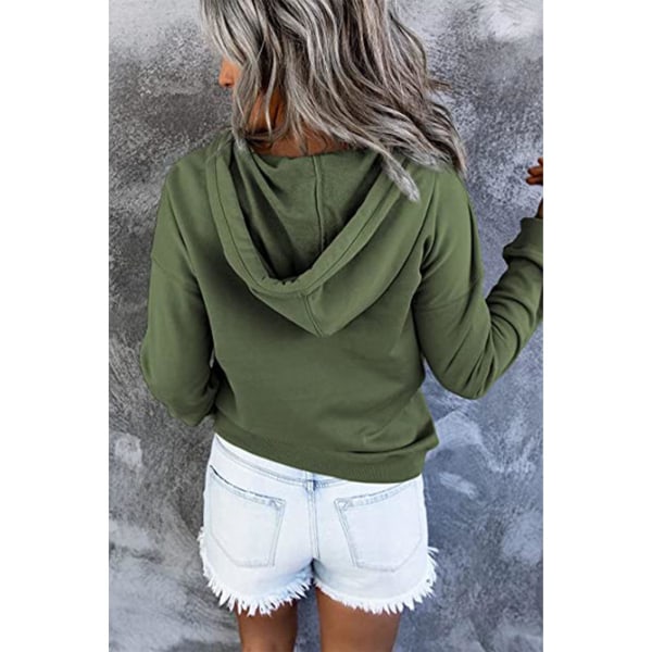 Women Drawstring Hooded Sweatshirt Button Front Long Sleeve Pure Color Loose Top With Pocket OD Green XL