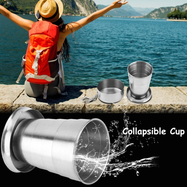 Utomhus, hopfällbar hopfällbar kopp i rostfritt stål för resande camping (6-vikbar, 60 ml)