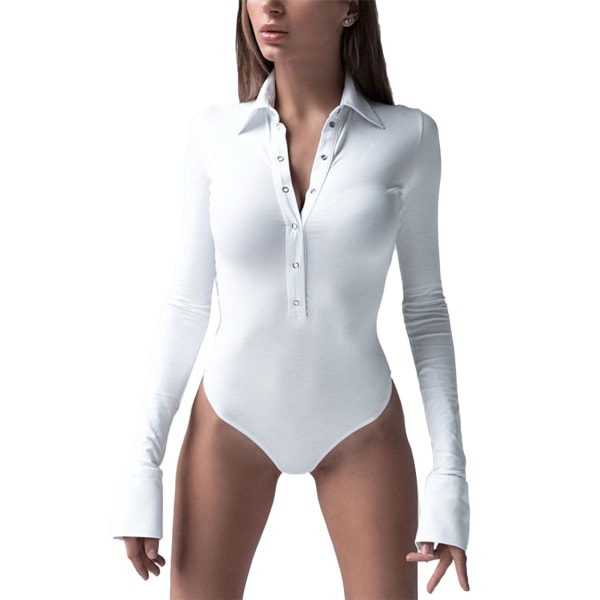 Women Bodysuit Long Sleeve Slim with Button Lapel V Neck for Vacation Travel Party M White
