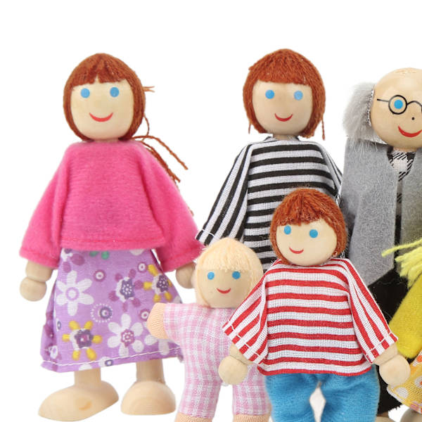 Trähusdocka Familj Söt Simulering 7 Dockor Familj Låtsaslek Figurer för 1:12 Dockhus