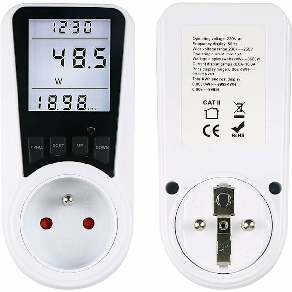 Energiförbrukningsmätare, Hem Energiövervakare med Strömmätarplugg, Spänning Ampere Kostnadskalkylator & Överbelastningsskydd, Data Minnesfunktion,