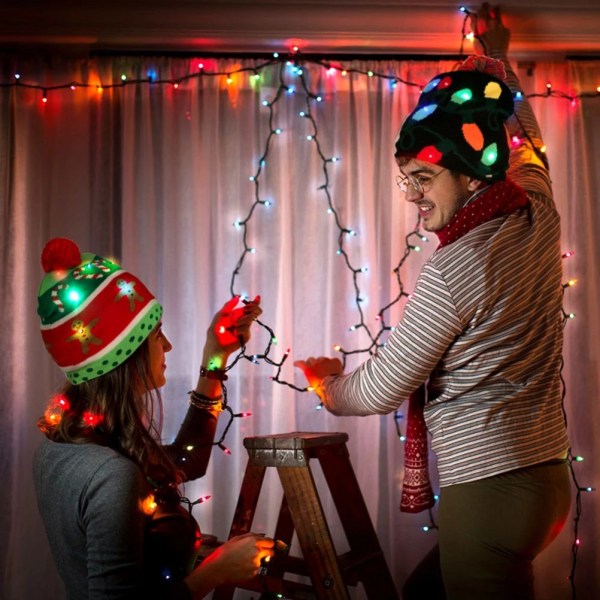 Julehue med Led Light Christmas Light Up Knitted Beanie Xmas