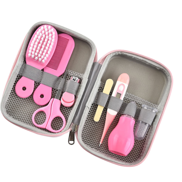 Baby Grooming Kit med hårborste Nagelklippare Näsrengöring Fingertandborste Sax Nyföddvård för pojkar Flickor Rosa
