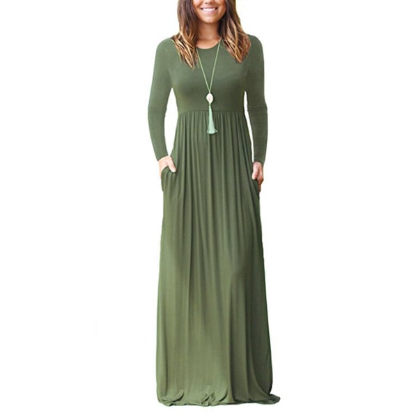 Naisten pyöreä kaula-aukko pitkähihainen mekko löysä yksivärinen maksimekot sivutaskut rennot pitkät mekot OD vihreä M