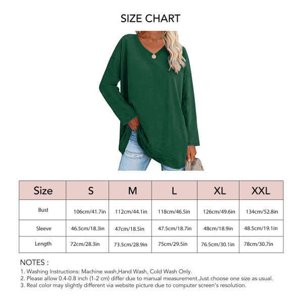 Women Long Sleeve T Shirt Oversized V Neck Solid Color Breathable Soft for Daily Wear Green XXL