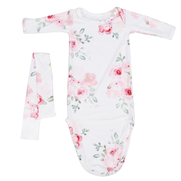 Baby Knotted Nightgown Breathable Soft Comfortable Infant Sleeping Gown with Hair Band Pale Watercolor Flowers