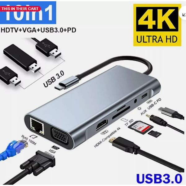 Plug-and-Play 8-i-1 Typ C-adapter, Aluminiumlegeringsskal för MacBook Pro Air iPad Pro Laptops, Har SD TF-kortläsare för Enkel Dataåtkomst