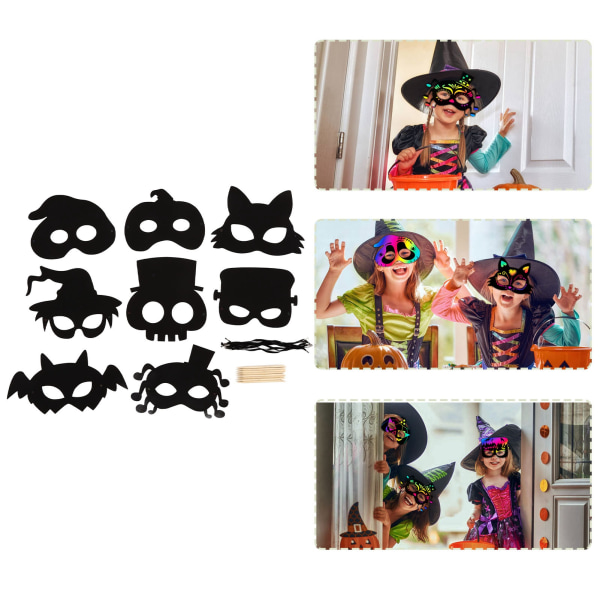 8 set Halloween Scratch Mask Art Rainbow Scratch Paper Animal Face Masks Toys Art Kit Halloween Kids Crafts