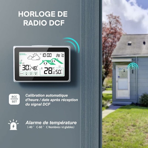 Trådlös väderstation, högprecisionssensor inomhus utomhus termometer hygrometer för väderprognoser i realtid, batteridriven pekskärm