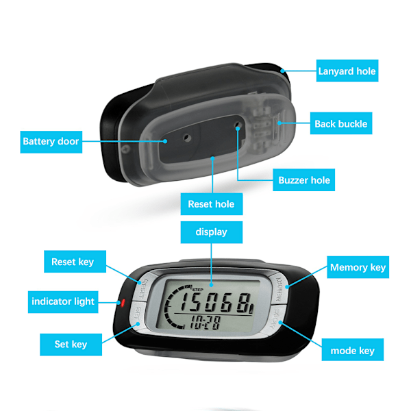 Stegräknare med pausfunktion, 3D-accelerometersensor stegräknare för promenader och löpning, stor digital display, klämma och snodd, automatisk återställning för män