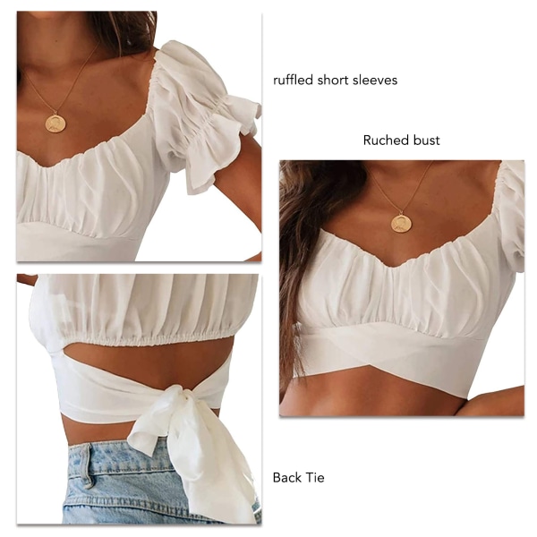 Womens Ruffle Crop Top Soft Breathable Ladies Sexy One Line Neck Off Shoulder Back Tie Ruffle Short Sleeve Crop Top White L