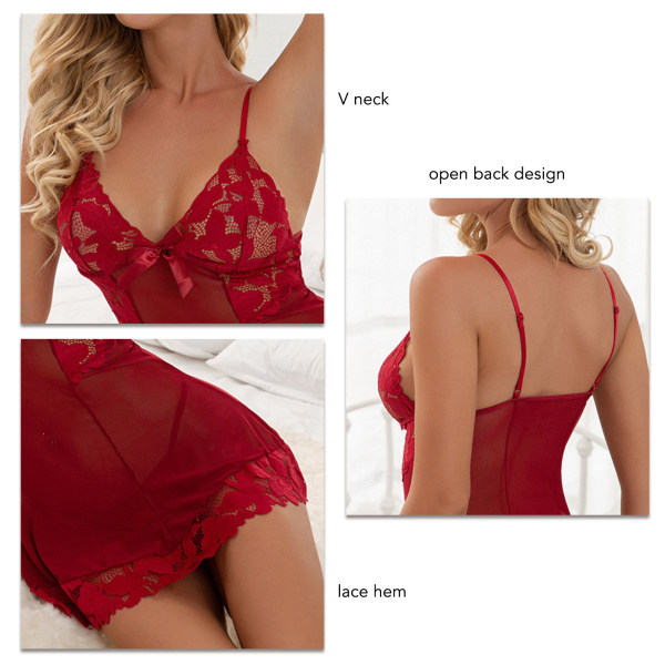 Lace Bodysuit Slim Fit V Neck Backless Perspective Lingerie Set Summer Nightwear for Women Red M