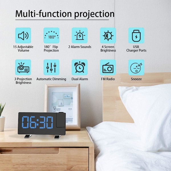 Väckarklocka med progressivt ökande ringsignal, batteribackup, stilren böjd design, dubbla alarm och USB-laddningsport för djupsömnare