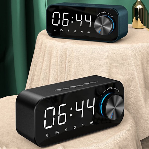 Mångsidig Bluetooth Högtalare Väckarklocka, Stor LED Spegeldisplay, Dubbla Alarm för Vardagar Helger, Snooze-funktion, Hifi Stereo Bas, Batteri