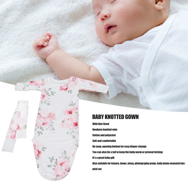 Baby Knotted Nightgown Pustende Myk Komfortabel Spedbarnssovepose med Hårbånd Bleke Akvarellblomster