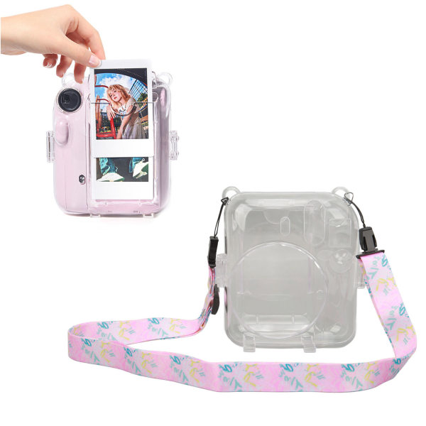 Instant Camera Case Kit Axelrem Sticker Case Slitstarkt kamera Skyddande genomskinligt case för Instax Mini 12 Pink